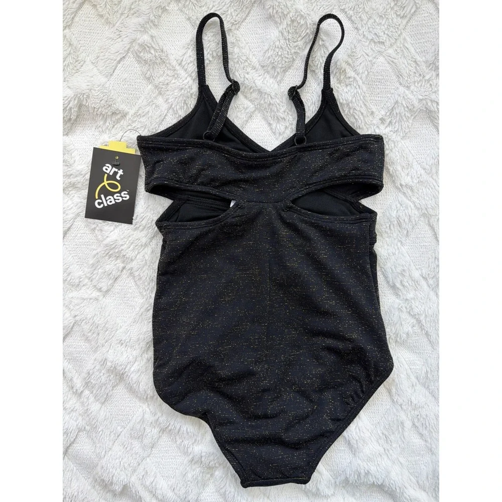 Art Class Girls Black Gold Metallic Cutout One Piece Swimsuit Size S 6/7 NWT